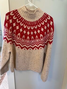 Eddie Bauer Red and Cream Fair Isle Turtleneck Sweater